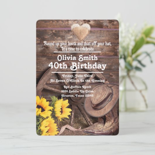 西ひま素朴わりブーツ帽子40歳の誕生日 招待状 (スタンド正面)