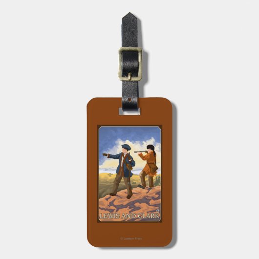 西を探検しているルイスおよびクラーク ラゲッジタグ (正面縦)