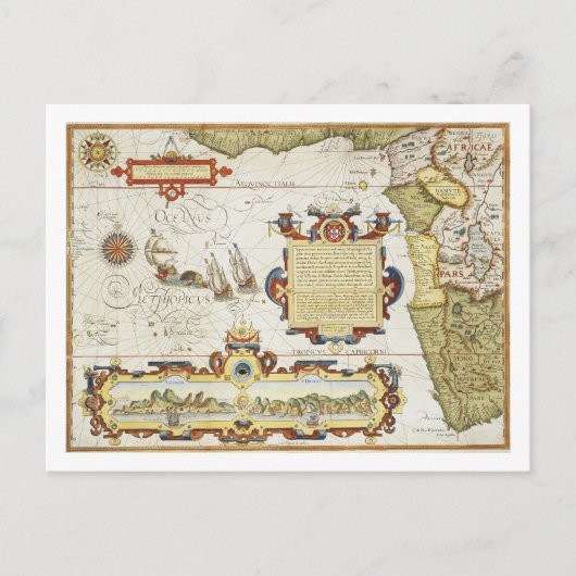西アフリカの海岸線の地図, 1596 (手彩色) ポストカード (正面)