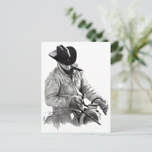 西アートのサドルのカウボーイの鉛筆スケッチ ポストカード (スタンド正面)