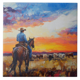 西カウボーイと群れトリベット タイル