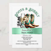 西カウボーイカントリーブーツティール(緑がかった色)茶色の泡立て 招待状 (正面/裏面)