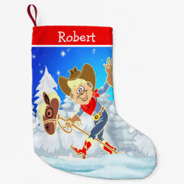 西カウボーイキッドオンスティックホース冬のシーン スモールクリスマスストッキング