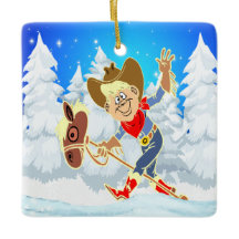 西カウボーイキッドオンスティックホース冬のシーンSqu