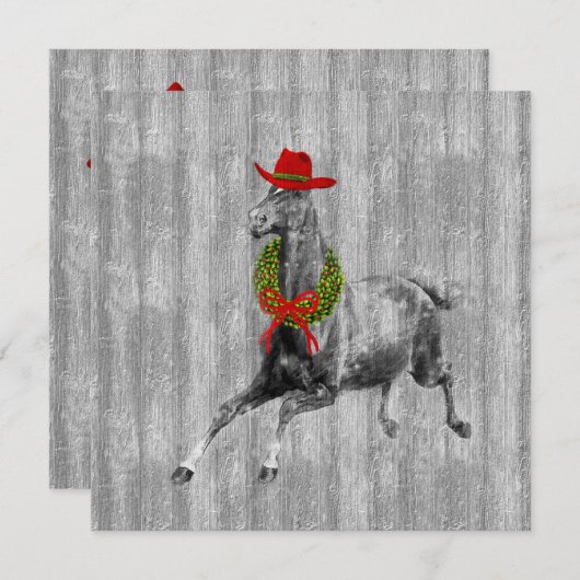 西カウボーイクリスマスホースとリース シーズンカード (正面/裏面)