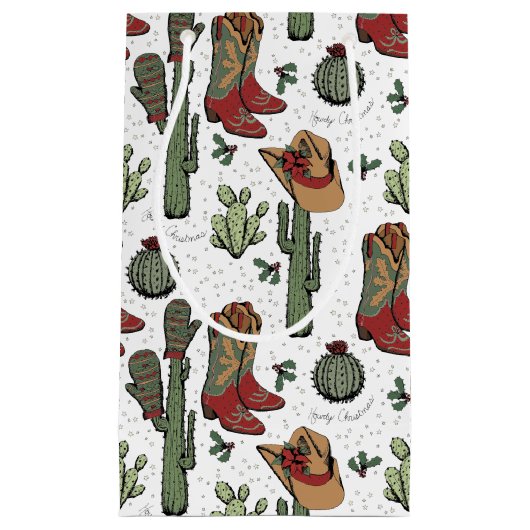 西カウボーイクリスマスレッドとグリーン スモールペーパーバッグ (正面)