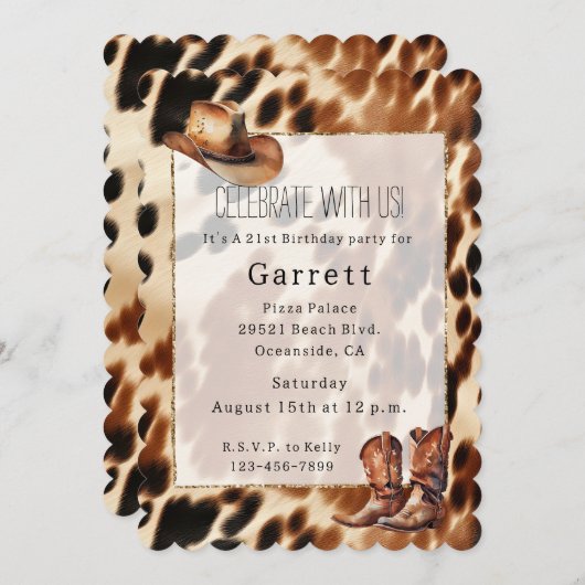 西カウボーイクリームブラウンブラックコウィドブーツハット 招待状 (正面/裏面)