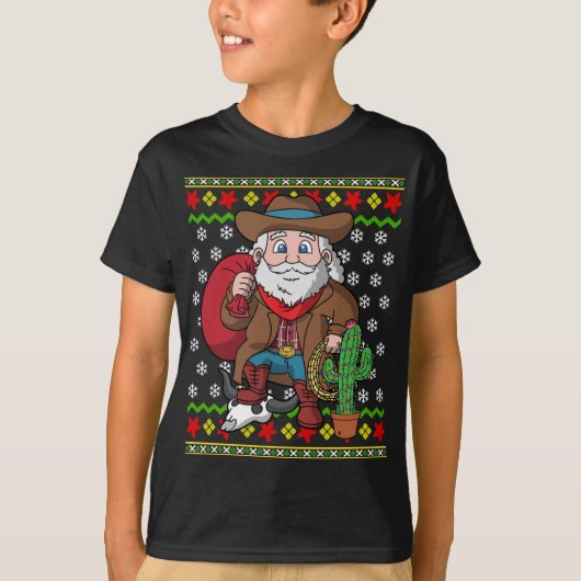 西カウボーイサンタクロース醜いクリスマスセーター Tシャツ (正面)