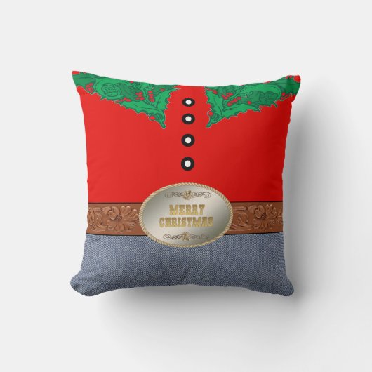 西カウボーイサンタベルトバックルレッドシャツジーンズ クッション (正面)