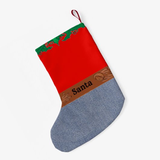 西カウボーイサンタベルトバックルレッドシャツジーンズ スモールクリスマスストッキング (裏面 (吊り時))