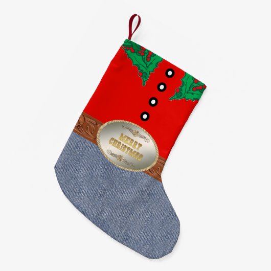 西カウボーイサンタベルトバックルレッドシャツジーンズ スモールクリスマスストッキング (正面 (吊り時))