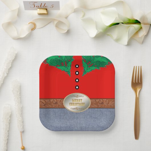 西カウボーイサンタベルトバックルレッドシャツジーンズ ペーパープレート (ウェディング)