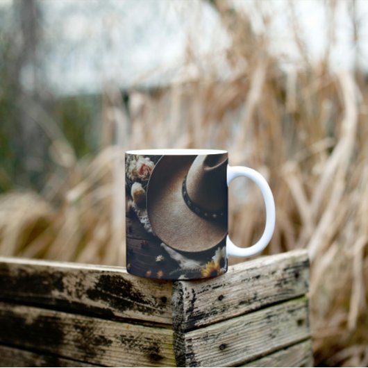 西カウボーイハットと花模様 コーヒーマグカップ