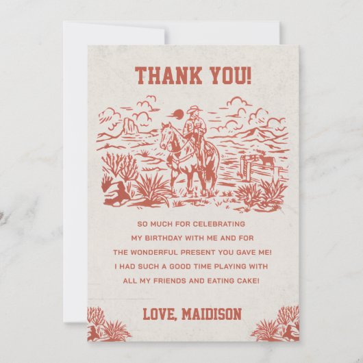 西カウボーイバースデーパーティーサンキューカード 招待状 (正面)