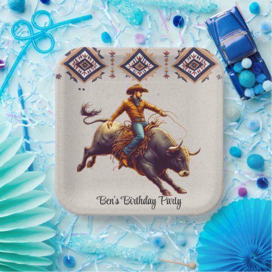西カウボーイブルライダーバースデーアステカタパーティー ペーパープレート (パーティー)