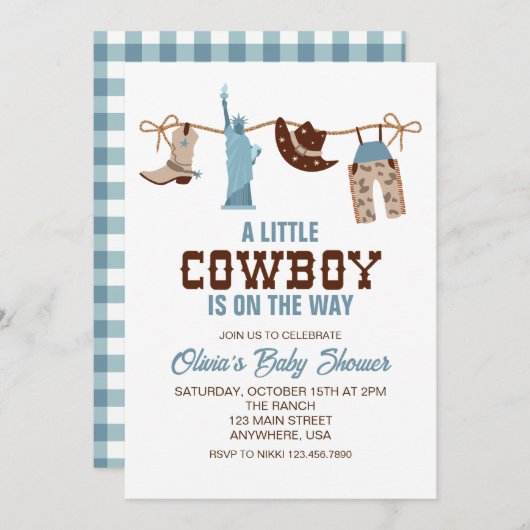 西カウボーイブループレイドベビーシャワー招待状 招待状 (正面/裏面)