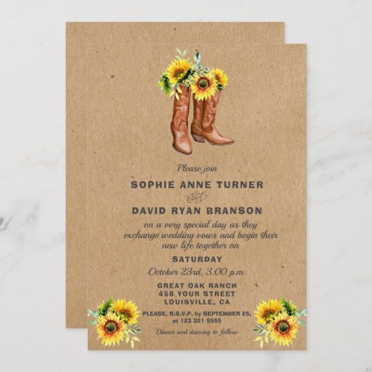 西カウボーイブーツカントリーサンフラワー結婚ズ 招待状 (正面/裏面)