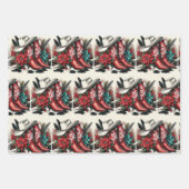 西カウボーイブーツハットとポインセチアのクリスマス ラッピングペーパーシート (正面3)