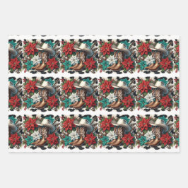 西カウボーイブーツハットとポインセチアのクリスマス ラッピングペーパーシート