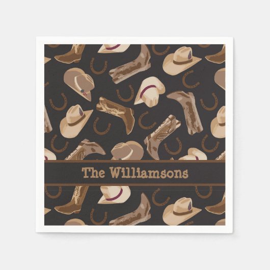西カウボーイブーツハットブラウンブラックネームカスタム スタンダードカクテルナプキン (正面)