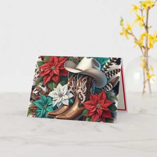 西カウボーイブーツフローラカウハイドクリスマス カード (黄色い花)