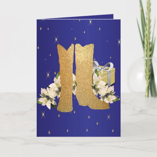 西カウボーイブーツポインセティアスギフトホリデー シーズンカード (正面)