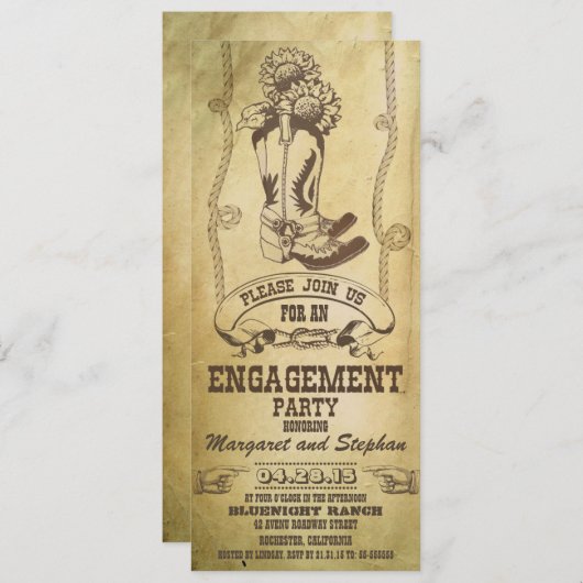 西カウボーイブーツ婚約パーティ招待状 招待状 (正面/裏面)