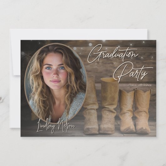 西カウボーイブーツ素朴写真卒業パーティー 招待状 (正面)