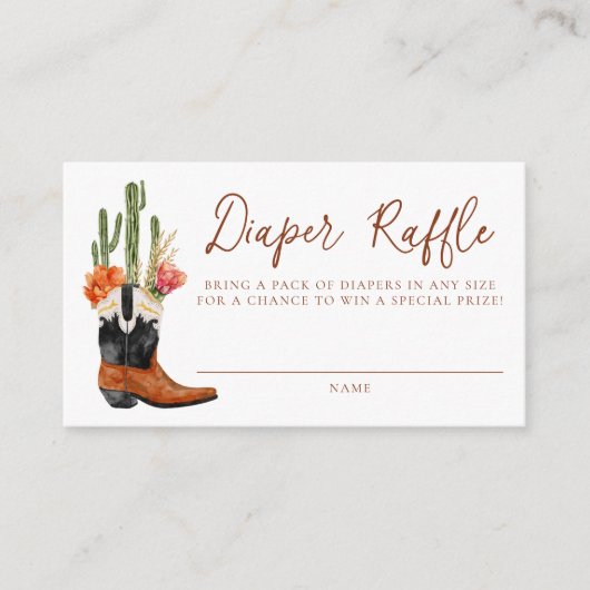 西カウボーイブーツ赤ちゃんシャワーおむつラッフル エンクロージャーカード (正面)