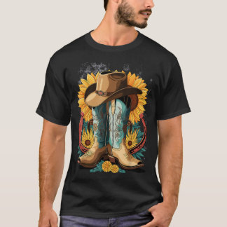 西カウボーイブーツ馬蹄ひまわりロープ Tシャツ