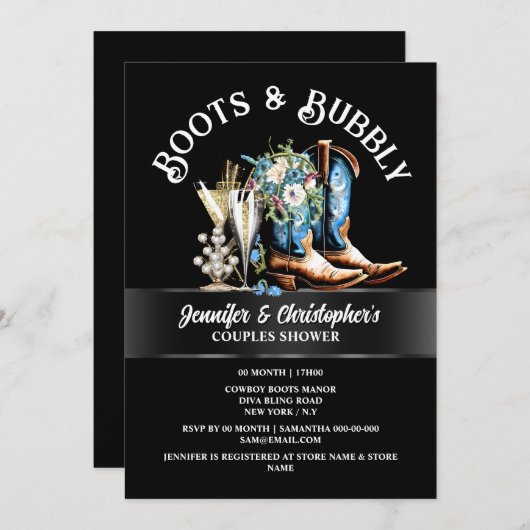 西カウボーイブーツ黒い青の泡立つシック 招待状 (正面/裏面)