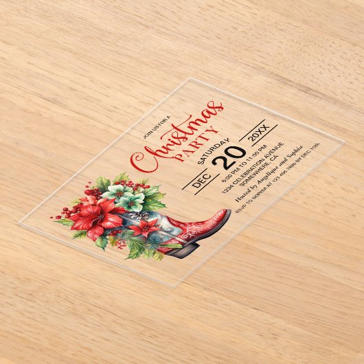 西カウボーイブートクリスマスパーティー アクリル招待状 (レイダウン)