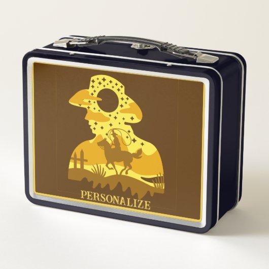 西カウボーイホース投げ縄ワイルドウェストパーソナライズされた メタルランチボックス (裏面)