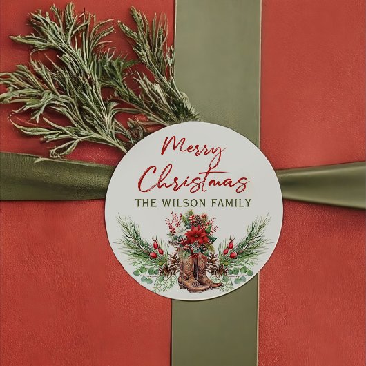 西カウボーイメリークリスマスステッカー ラウンドシール