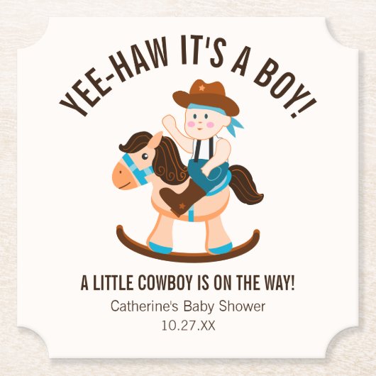 西カウボーイロッキングホースボーイベビーシャワー ペーパーコースター (正面)