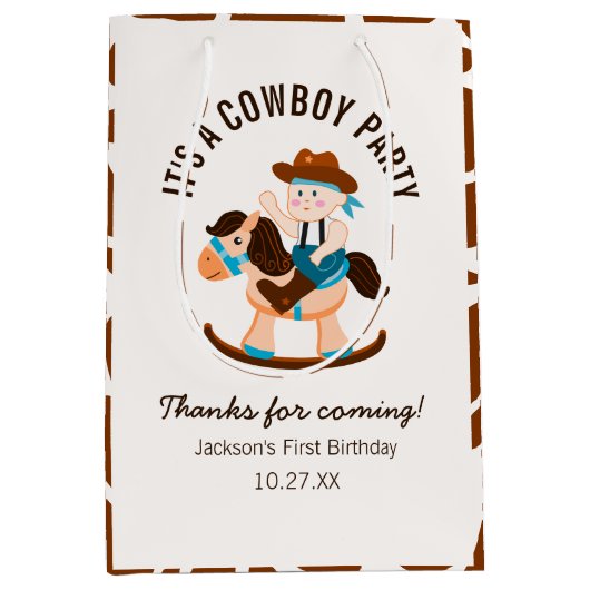 西カウボーイロッキングホースボーイ誕生日 ミディアムペーパーバッグ (正面)