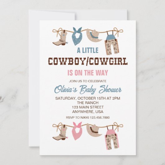 西カウボーイ女性のカーボーイジェンダーが赤ちゃんシャワーを明かす 招待状 (正面)