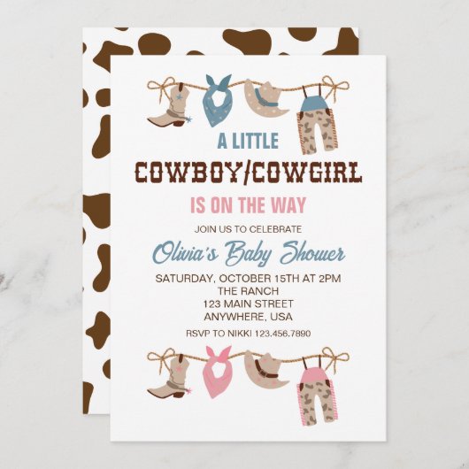 西カウボーイ女性のカーボーイジェンダーが赤ちゃんシャワーを明かす 招待状 (正面/裏面)
