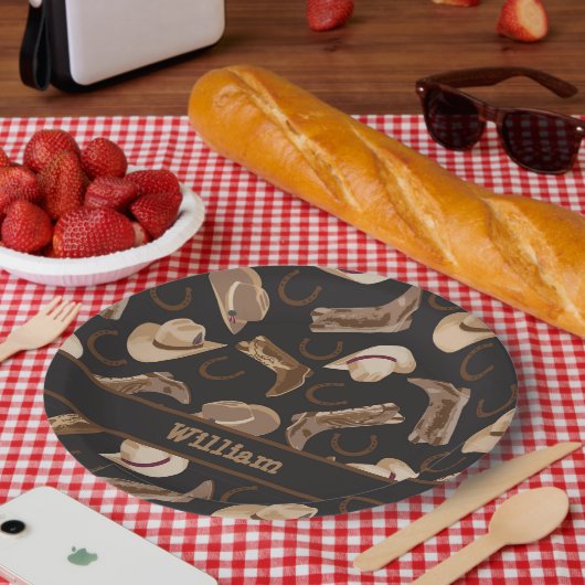西カウボーイ女性のカーボーイブーツハットブラウンブラックネーム ペーパープレート (ピクニック)