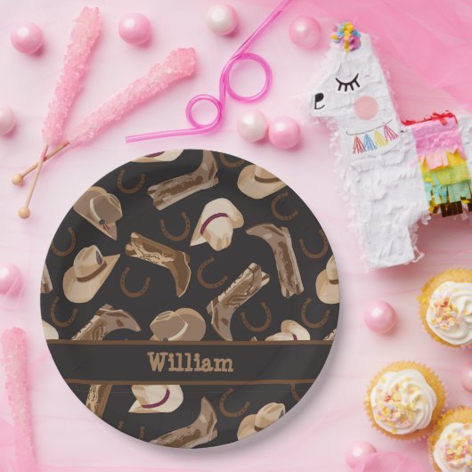 西カウボーイ女性のカーボーイブーツハットブラウンブラックネーム ペーパープレート (パーティー)