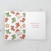 西カウボーイ女性のカーボーイレッドグリーンブーツクリスマス カード (内部)