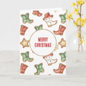 西カウボーイ女性のカーボーイレッドグリーンブーツクリスマス カード (黄色い花)