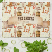 西カウボーイ女性のカーボーイロデオ馬をテーマ キッチンタオル (折り畳み)