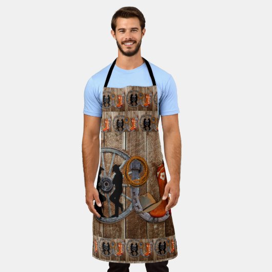 西カウボーイ女性のカーボーイ馬蹄車ホイール エプロン (着用した状態)