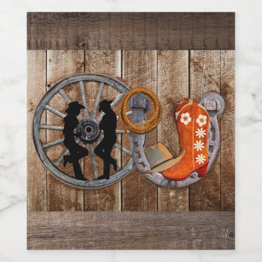 西カウボーイ女性のカーボーイ馬蹄車ホイール ワインラベル (シングルラベル)