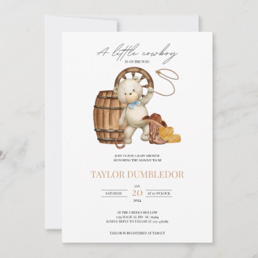 西カウボーイ素朴カントリー赤ちゃんシャワー 招待状 (正面)
