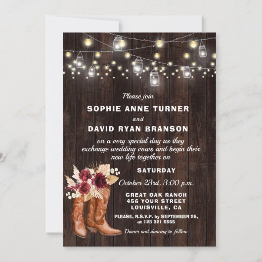 西カウボーイ素朴ブーツパンパスグラス結婚ズ 招待状 (正面)