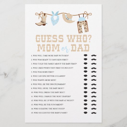 西カウボーイ赤ちゃんシャワー誰がゲーム チラシ (正面)