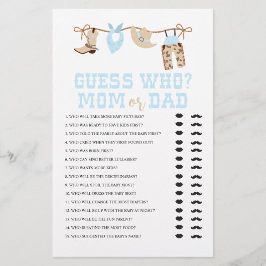 西カウボーイ赤ちゃんシャワー誰がゲーム チラシ (正面)