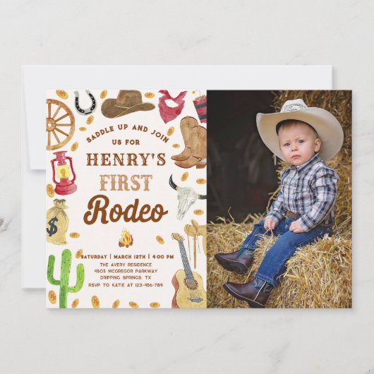 西カウボーイ1stロデオ誕生日パーティー写真 招待状 (正面)